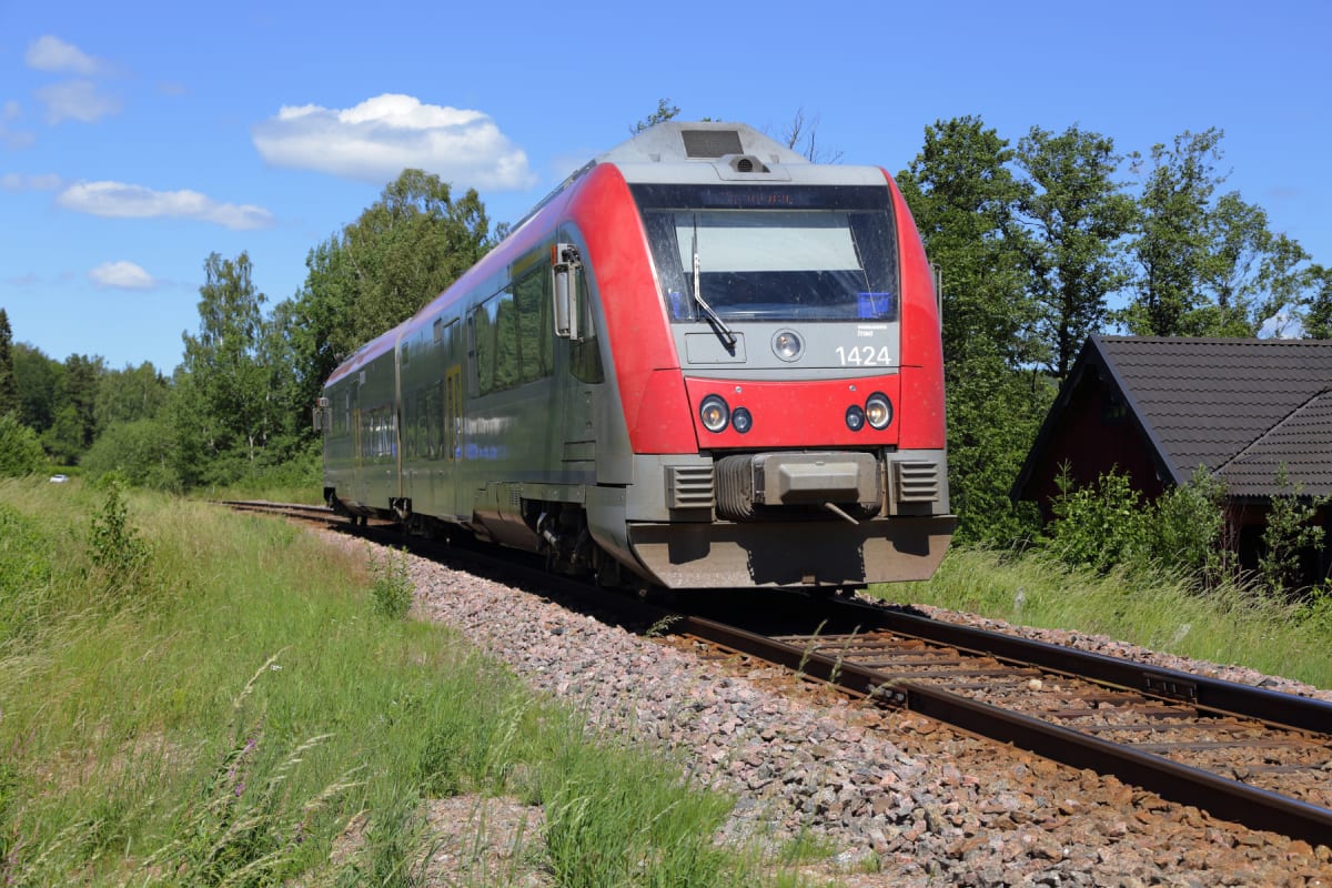 Ett tåg med röd front och grå sidor står på en räls. Runt rälsen växer högt, grönt gräs. I bakgrunden syns skog, ett rött hus med svart tak och en blå himmel med vita moln.