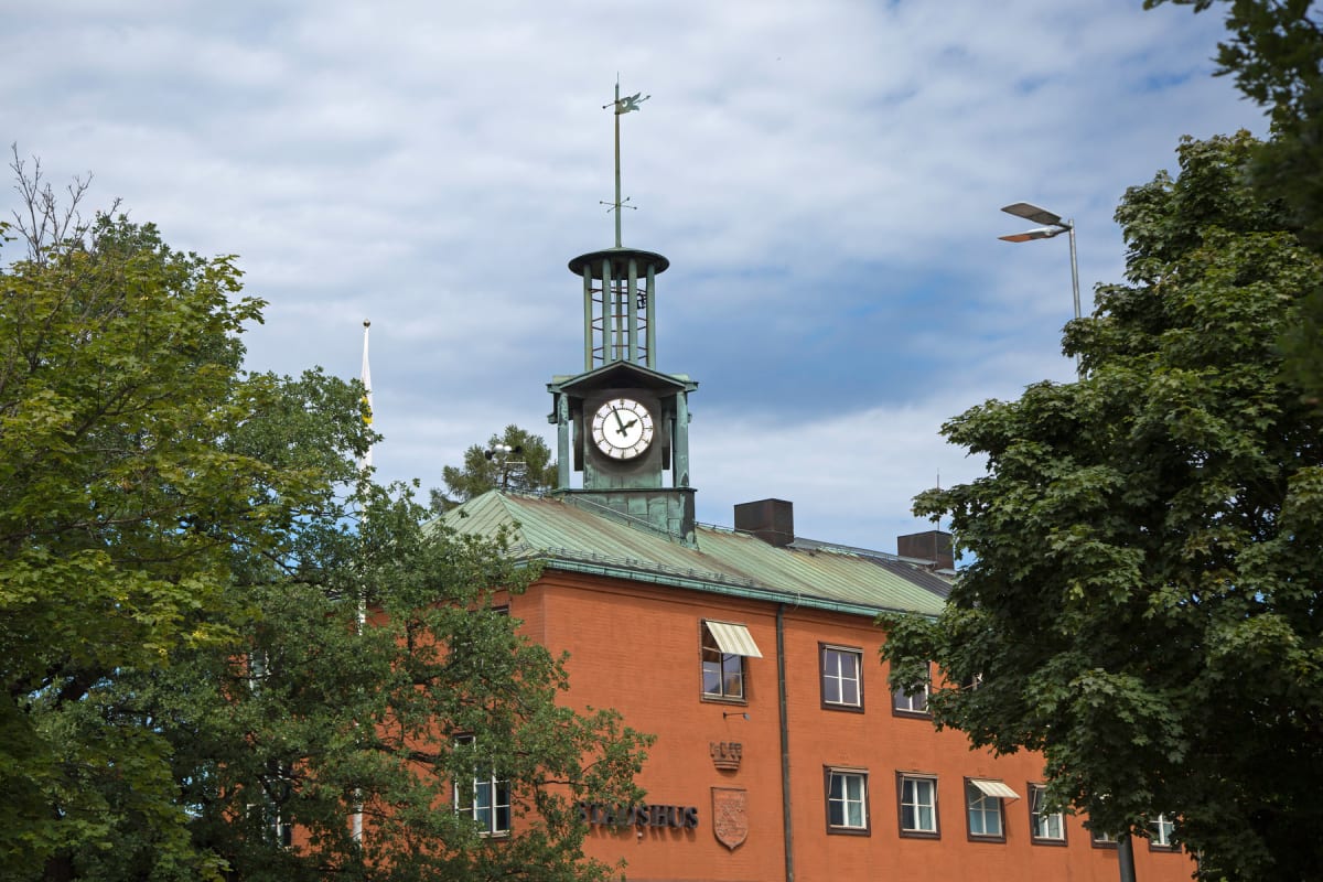En röd tegelbyggnad med grönt koppartak och ett klocktorn syns i bildens centrum. Runt byggnaden växer lummiga gröna träd. En gatuarmatur syns i övre högra hörnet och en flaggstång utan flagga i vänstra övre hörnet, omgiven av träd. Fönster med vita