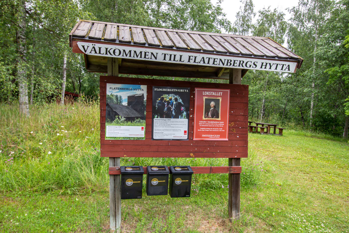 En röd träskylt med ett skyddande tak och texten "VÄLKOMMEN TILL FLATENBERGS HYTTA" står i förgrunden. På skylten sitter tre informationsaffischer. Under skylten hänger tre svarta postlådor. I bakgrunden syns gräs, träd och en bänk.