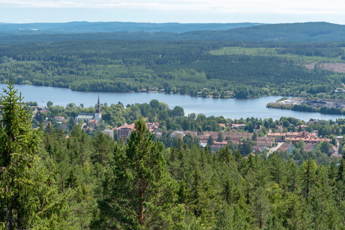 En vidvinkelbild tagen från hög höjd som visar en liten stad vid en sjö, omgiven av omfattande skogslandskap. I förgrunden syns en tät granskog, och längre bort ligger staden med dess byggnader och en kyrka med spira. Sjön sträcker sig genom landskap