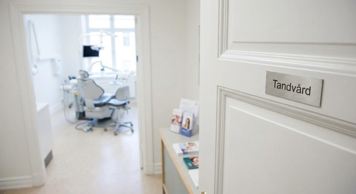 En bild inifrån en byggnad där en öppen vit dörr med en skylt märkt "Tandvård" i förgrunden leder in till ett tandläkarrum med en tandläkarstol och diverse utrustning. Golvet är ljust och väggarna är vita.