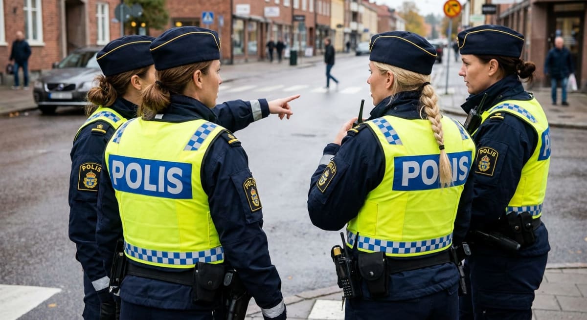 Fyra personer klädda i svensk polisuniform med reflekterande västar står utomhus på en gata. En person pekar mot en otydlig bakgrund. I bakgrunden syns byggnader, några människor och fordon. Gatans yta är våt, vilket kan indikera nederbörd.