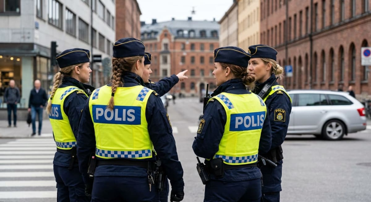Fem uniformerade poliser, klädda i mörkblå uniformer med gula reflexvästar märkta "POLIS" och mörkblå kepsar, står på en stadsgata. En av poliserna pekar med höger hand. Bakgrunden visar byggnader, en parkerad silverfärgad personbil, en väg och en de