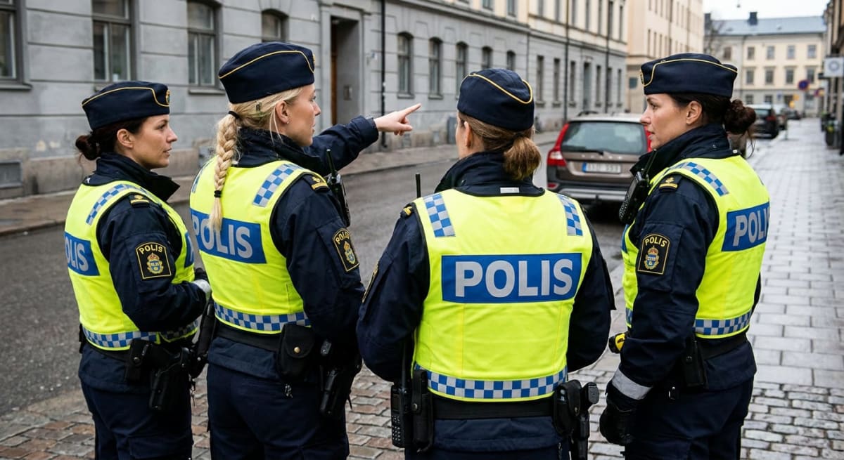 Fyra personer i svensk polisuniform och reflexvästar står på en gata i stadsmiljö. En person pekar bort från kameran. Byggnader syns i bakgrunden och en bil är parkerad längre bort på gatan. Gatan verkar vara belagd med gatsten eller liknande. Bärbar