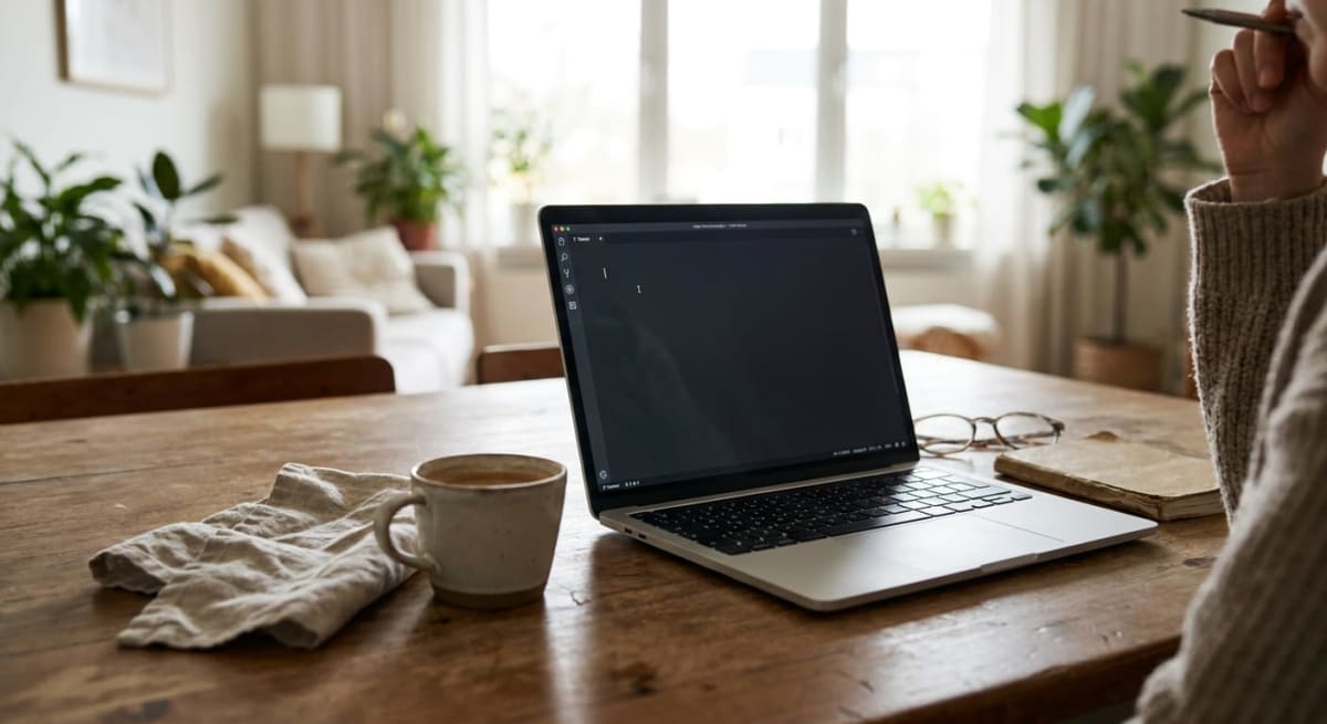 En person i stickad tröja sitter vid ett träbord med en laptop, en kaffekopp, en tygbit, ett par glasögon och en bok. I bakgrunden syns ett vardagsrum med en soffa, flera krukväxter och ett fönster.