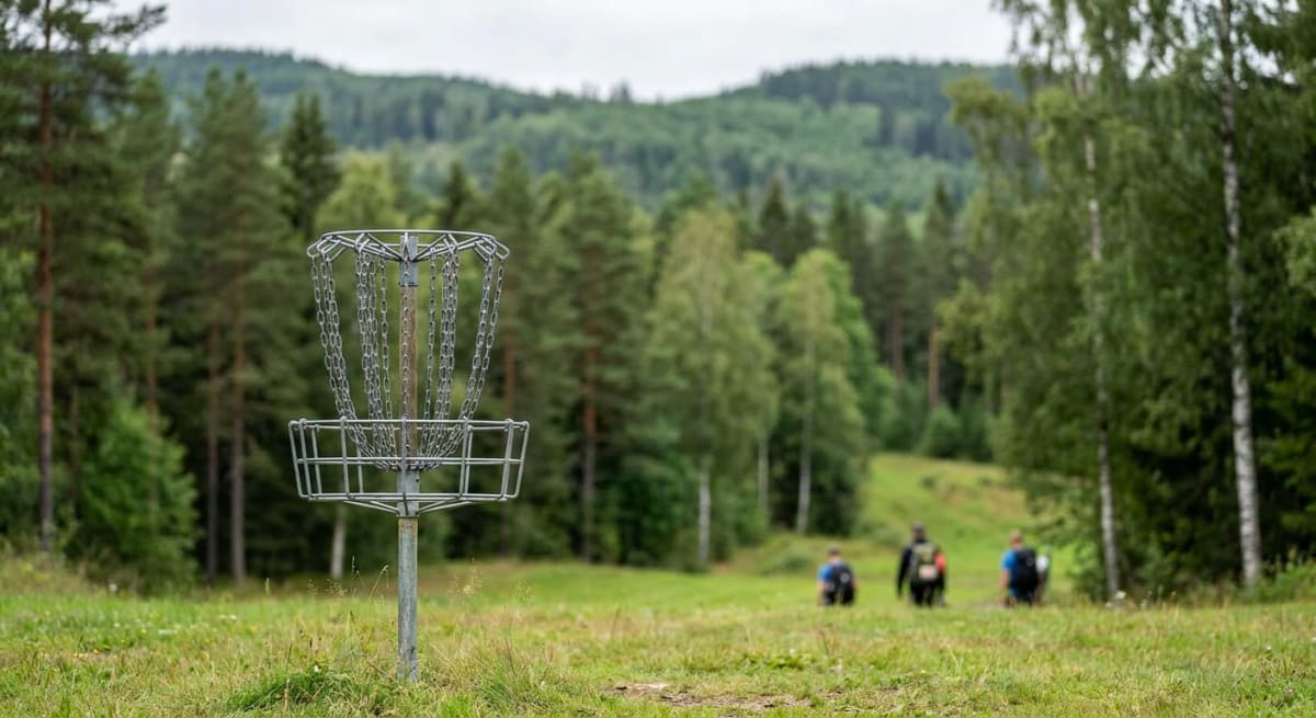 En discgolfkorg i metall står i förgrunden på ett gräsbevuxet fält. I bakgrunden syns tre oidentifierade personer med ryggsäckar, på väg bort från kameran. Runt fältet och i bakgrunden finns skog med lövträd och barrträd samt kullar under en molnig h