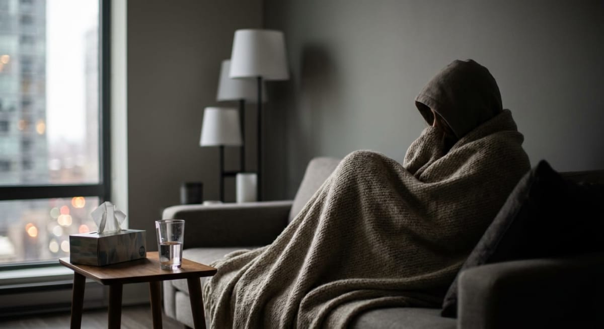 En person sitter insvept i en filt på en soffa, med huvan uppdragen. Bredvid finns ett litet bord med en näsdukslåda och ett glas vatten. Utanför ett fönster syns byggnader och suddiga ljuspunkter, samt en golvlampa i bakgrunden.