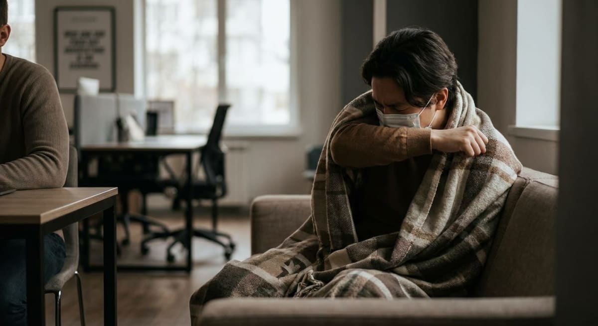 En person sitter i en soffa insvept i en rutig filt, med en ansiktsmask på sig och armen böjd framför ansiktet. I bakgrunden syns delar av en annan person vid ett bord och ett fönster.