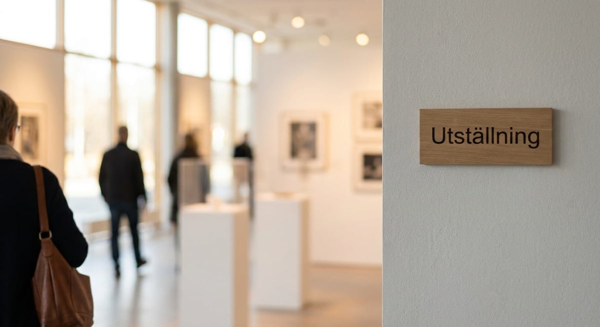 En rektangulär träskylt med texten "Utställning" i svarta versaler är monterad på en ljus vägg. I bakgrunden syns suddiga silhuetter av flera personer i ett ljust rum med stora fönster och tavlor på väggarna, vilket antyder en utställningsmiljö.