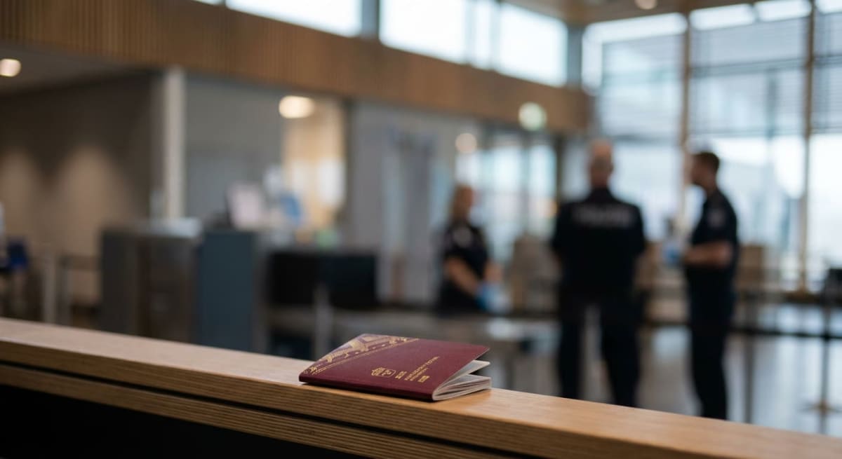 En rödbrun passhandling med texten "EU PARLAMENTET EUROPAPARLAMENTET" på svenska och engelska ligger på en träbänk. I bakgrunden syns suddiga figurer i uniform och en ljus inomhusmiljö med stora fönsterpartier.