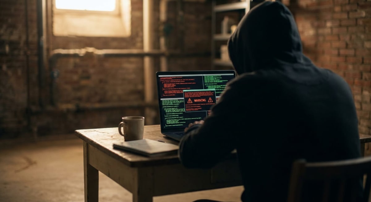 En person i mörk huvtröja sitter med ryggen mot kameran vid ett träbord och använder en laptop med kod och en röd "WARNING"-meddelande på skärmen. På bordet står en mugg och ligger en anteckningsbok. Bakgrunden består av en tegelvägg, ett fönster och
