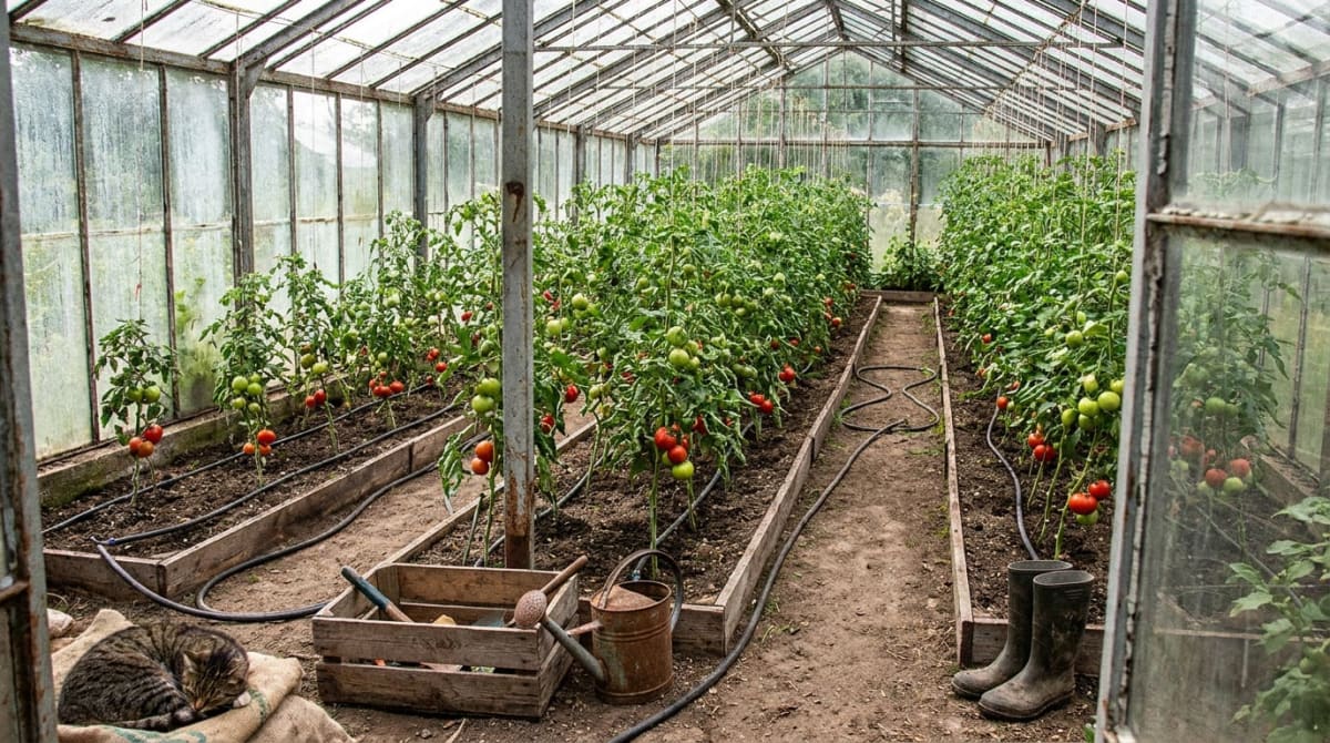 En bild inifrån ett växthus fyllt med frodiga tomatplantor som bär både gröna och röda tomater. I förgrunden syns en sovande katt på en säck, samt en vattenkanna, en träkista med en spade och ett par stövlar.