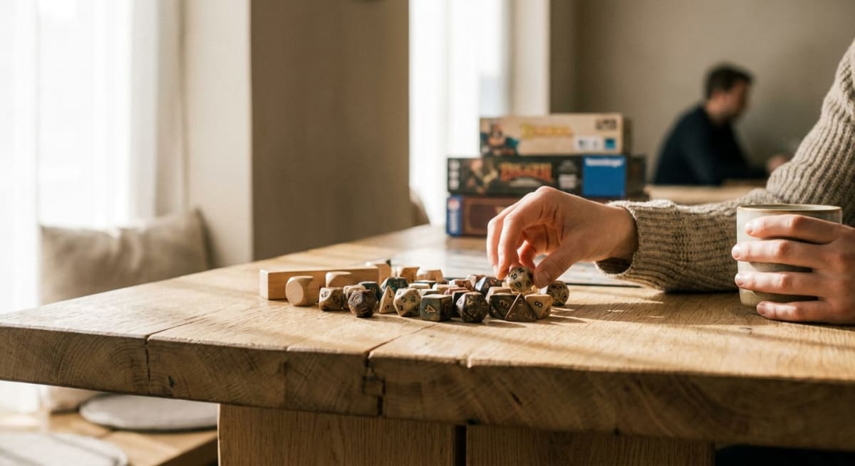 En närbild visar händer som interagerar med en samling tärningar och håller en mugg på ett träbord. I bakgrunden syns brädspel och en annan person suddigt vid ett fönster. Solsken faller in från vänster.