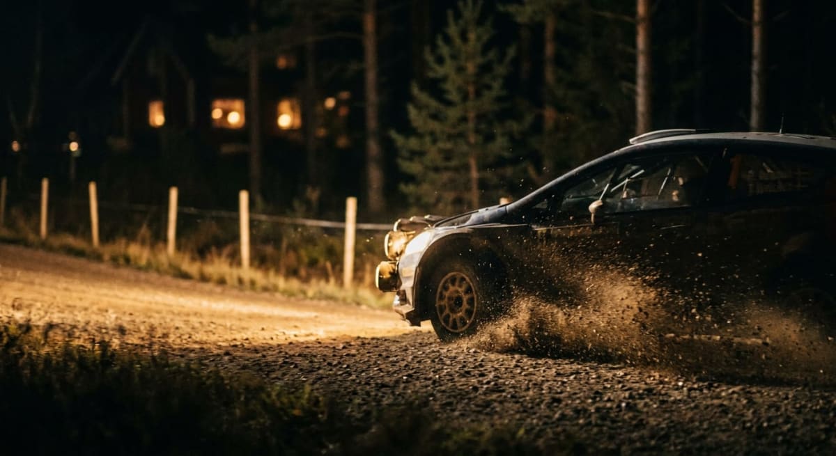En rallybil ses i profil från höger, körandes på en grusväg under mörker. Lera och grus stänker upp från bilens framhjul, och dess extraljus lyser upp vägen. Bakom bilen syns skog och en byggnad med upplysta fönster.