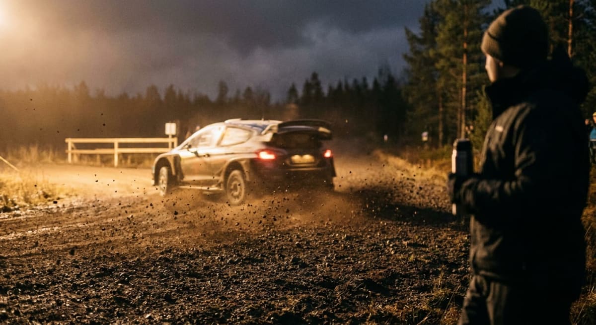 En rallybil kör på en grusväg i skogen under mörka förhållanden, med strålkastare som lyser upp scenen och grus som sprutar. En person i mörk jacka och mössa observerar från sidan. I bakgrunden syns skog och en ljusare grind.