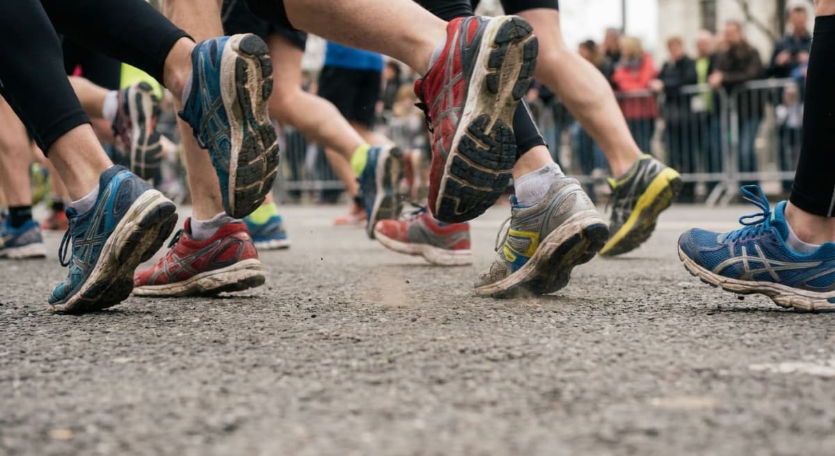 Närbild på löpares fötter och underben under en löptävling eller ett lopp, med fokus på sportskorna som vidrör asfalten. I bakgrunden syns suddiga människor bakom metallbarriärer.