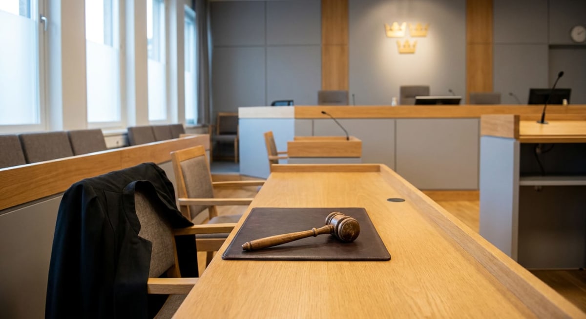 En domstolssal med en träklubba liggandes på en mörk läderplatta på ett ljust träbord. En svart rock hänger över en stol i förgrunden. I bakgrunden syns fönster och en talarstol med mikrofon. Tre kronor syns på väggen.