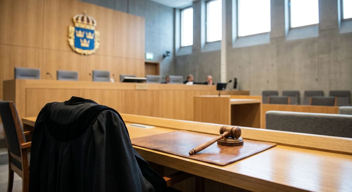 En bild som visar en tom domstolssal med en domarkappa hängande över en stol i förgrunden och en klubba liggandes på ett skrivbord. I bakgrunden syns ett svenskt riksvapen, bänkar, en mikrofon och några otydliga personer.