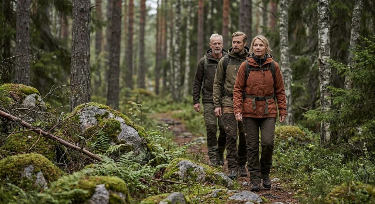 Tre personer, två män och en kvinna, går på en stig genom en skog med barrträd och björkar. De bär friluftskläder och ryggsäckar. Marken är täckt av mossa och stenar. Bilden är tagen från en lägre vinkel med personerna i mitten och bakgrunden suddig.
