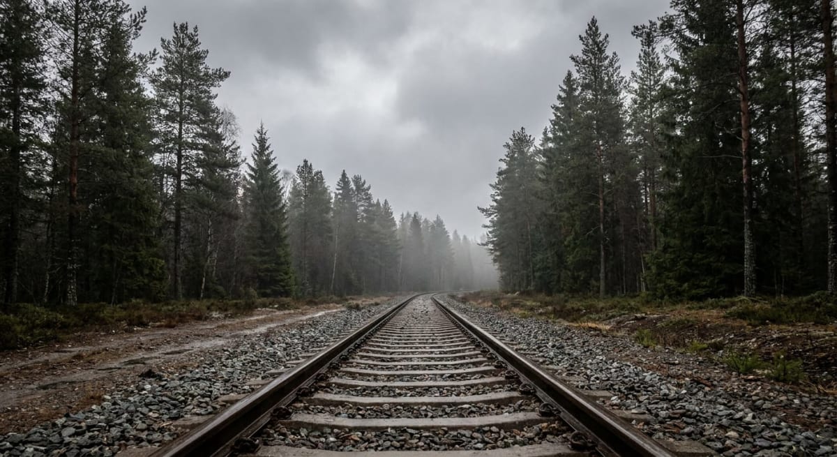 En järnvägsräls sträcker sig genom en skog under en molnig och dimmig himmel. Rälskonstruktionen med ballast av sten syns tydligt i förgrunden och sträcker sig in i dimman. Skogen består mestadels av barrträd på båda sidor om rälsen.
