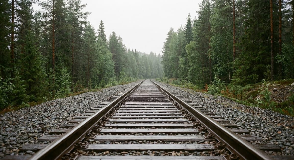 En bild som visar ett järnvägsspår som sträcker sig rakt fram in i en tät grön skog. Spåret är omgärdat av grus och mörka trädsidor. Himlen är ljusgrå och disig. Ingen person eller fordon syns.