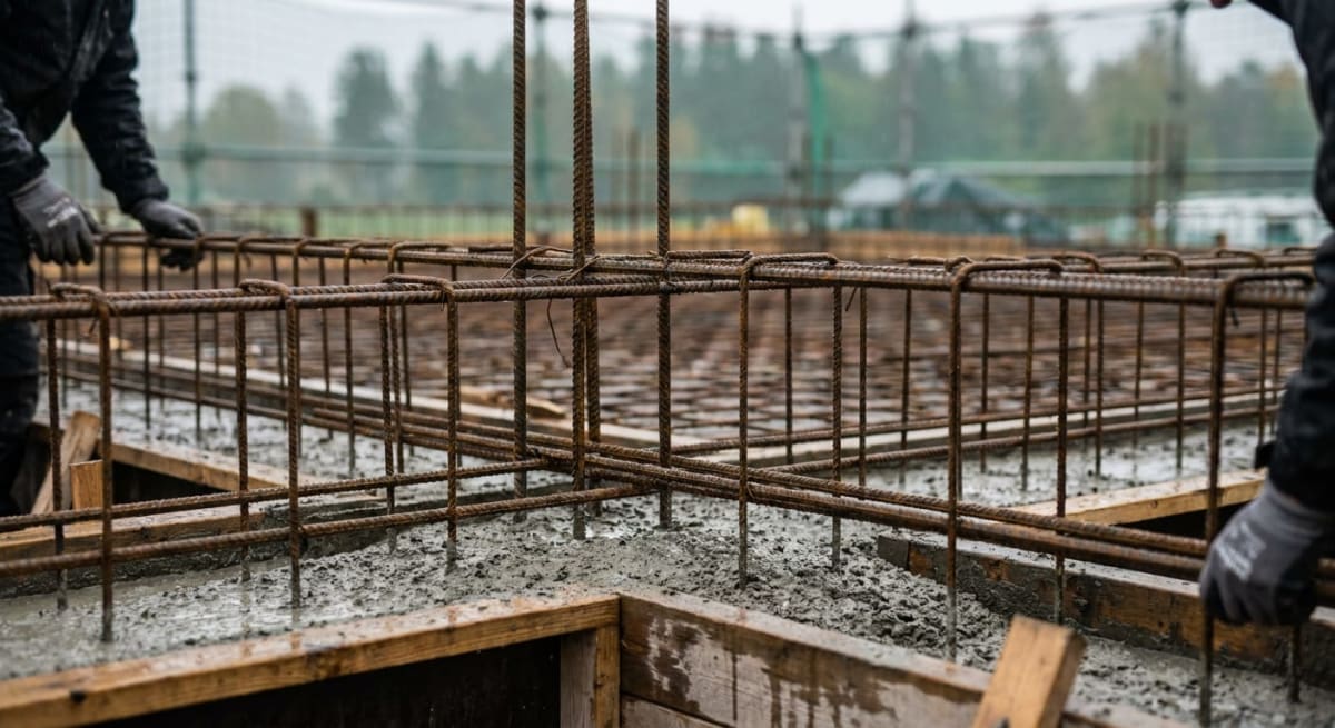 En närbild av byggnadsarbetare som arbetar med armeringsjärn och våt betong på en byggarbetsplats. Armeringsjärnen är delvis nedsänkta i den färska betongen, som ligger inom en ram av träformar. Bakgrunden visar grönskande träd och en grå himmel.