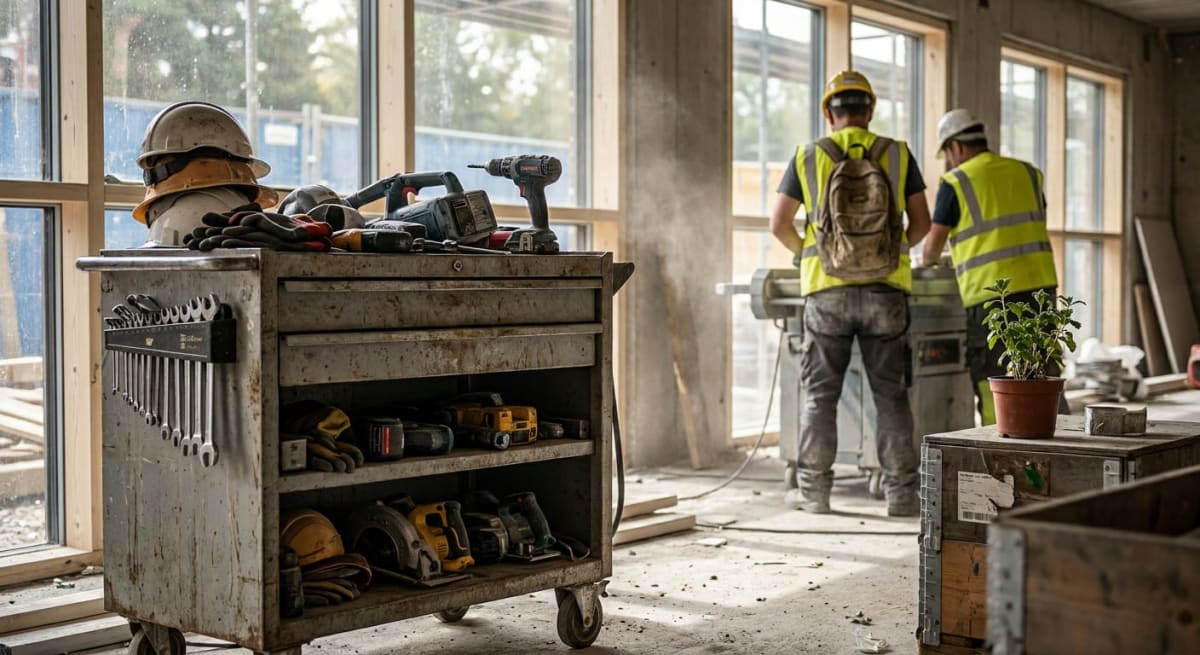 Bilden visar ett pågående byggarbete inomhus. I förgrunden står en verktygsvagn med flera byggarbetshjälmar, verktyg som borrmaskiner och skruvdragare, samt handskar. I bakgrunden syns två personer klädda i skyddsvästar och hjälmar, vilka arbetar vid
