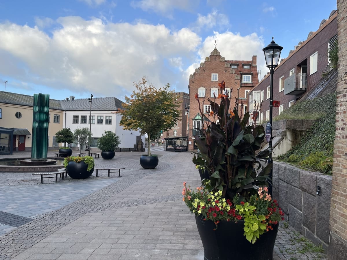 En bild av ett torg eller en öppen plats med gatsten och blomsterarrangemang i stora krukor. I bakgrunden syns flera byggnader med tegel och vita fasader, samt ett träd med gulnande löv. En gatlykta och en grön skulptur vid en fontän är också synliga