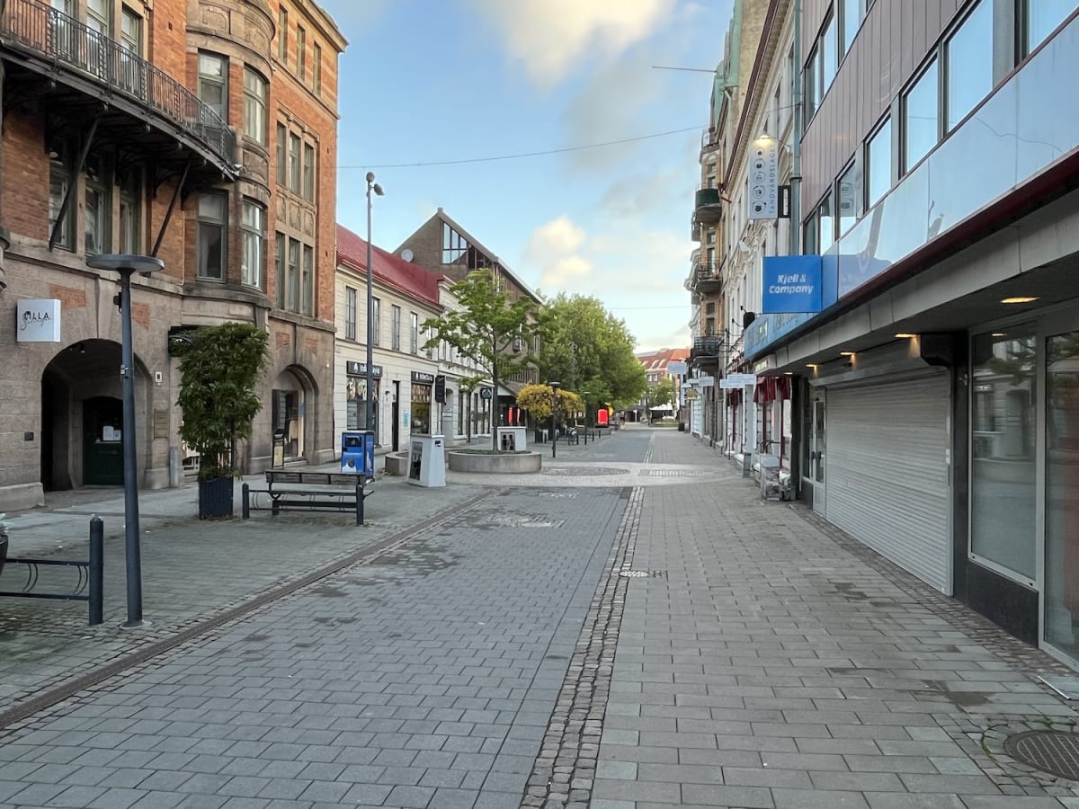 En gata i en stadsmiljö, kantad av byggnader med butiker på bottenplan. Gatan är belagd med marksten och ser tom ut på människor. Flera träd med gröna löv syns längs gatan och himlen är delvis molnig.