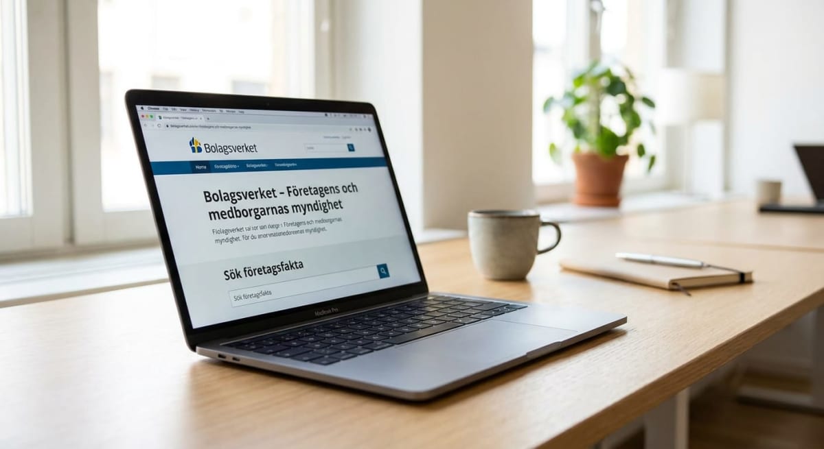 En öppen laptop, en mugg och ett anteckningsblock med en penna står på ett ljust träbord. På laptopskärmen syns Bolagsverkets webbplats. I bakgrunden syns ett fönster och en grön växt i en terrakottakruka.