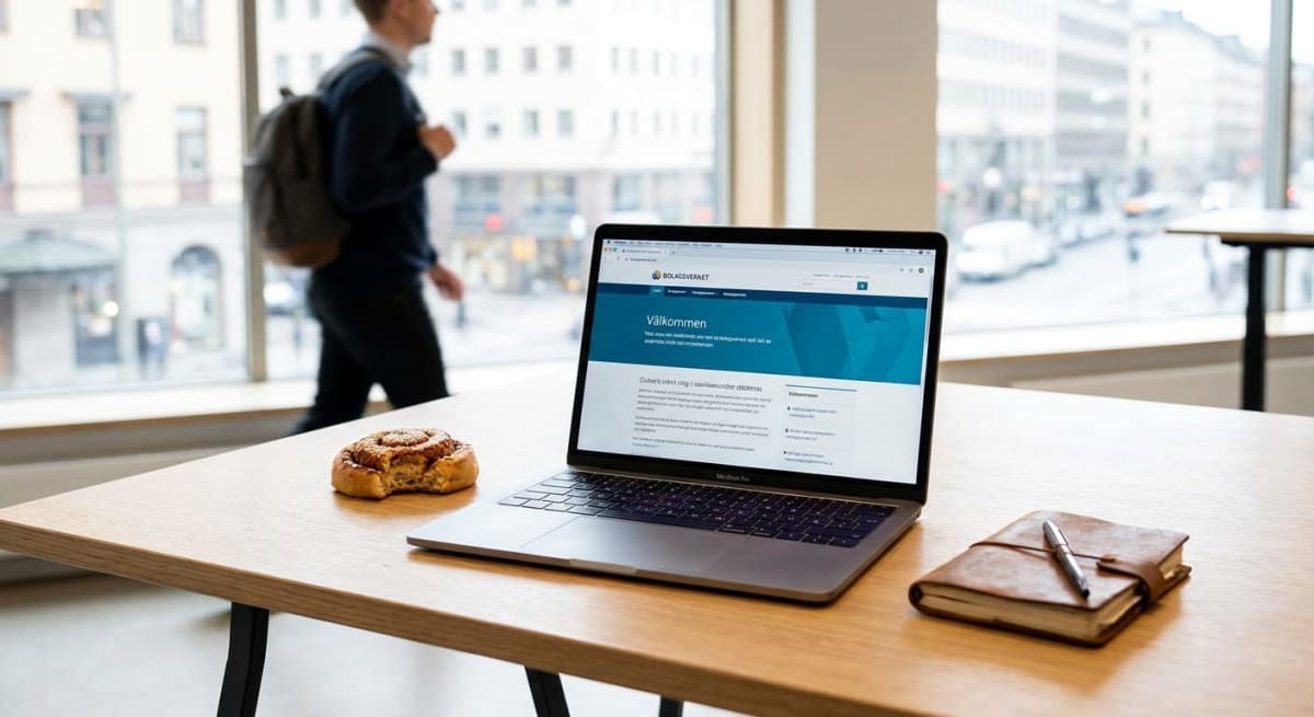 En laptop står på ett träbord med Bolagsverkets webbplats öppen på skärmen. Bredvid ligger en halväten kanelbulle och en brun anteckningsbok med en penna. En suddig person med ryggsäck går förbi i bakgrunden utanför ett stort fönster med stadsmiljö.