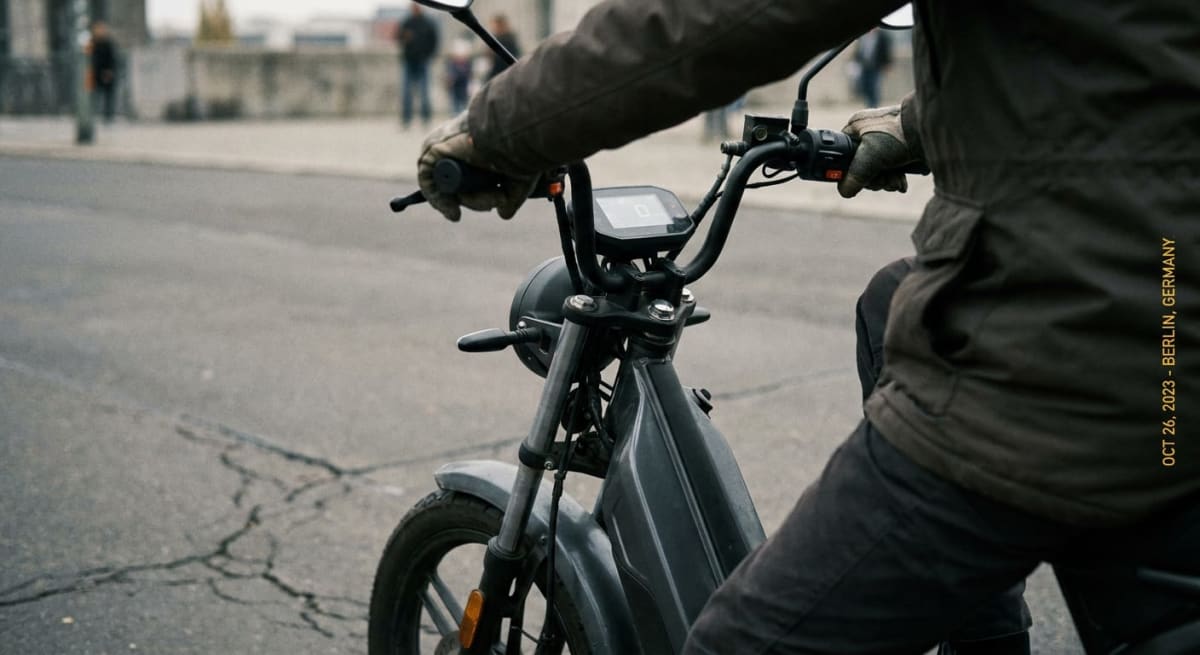 En person i handskar och jacka sitter på en grå motorcykel eller moped på en väg med sprucken asfalt. Fordonet har ett digitalt instrument och en framlykta. I bakgrunden syns suddiga silhuetter av människor och byggnader. Datum och plats är angivna s