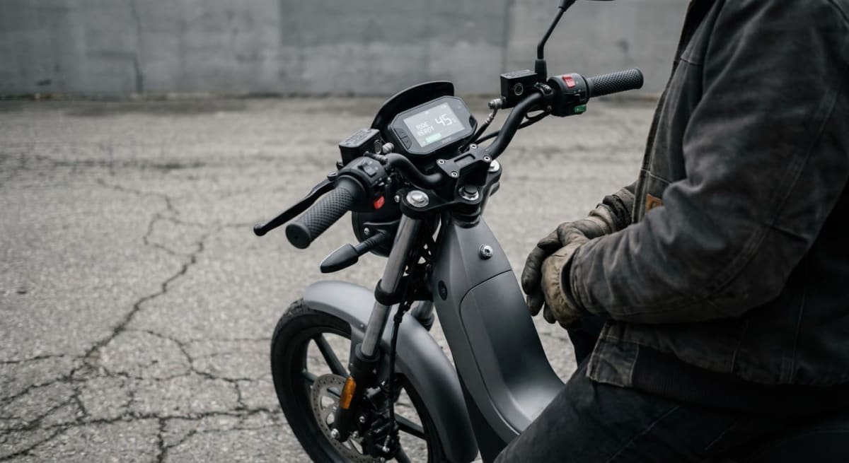 En person i jacka och handskar sitter på en grå motorcykel eller moped på en asfalterad yta med sprickor. Fordonet har ett digitalt instrument och framhjul med skivbroms syns delvis. Bakgrunden består av en grå betongvägg.