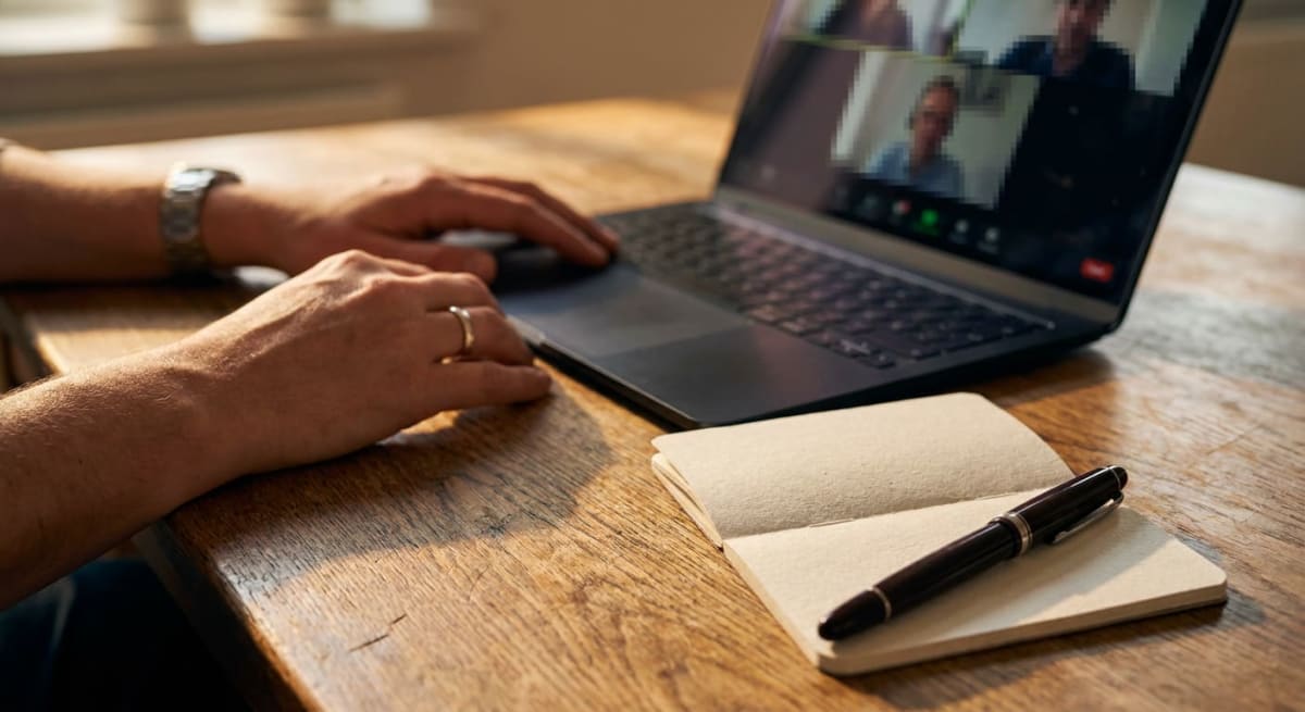 En person sitter vid ett träbord och använder en svart laptop för ett videosamtal. Personens händer syns på tangentbordet och musplattan. Bredvid laptopen ligger en öppen anteckningsbok och en mörk penna.