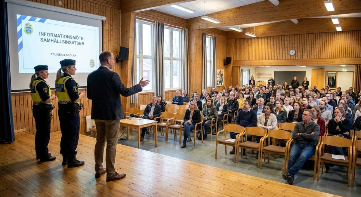 En stor grupp människor sitter på trästolar i en inomhusmiljö med träpaneler på väggar och tak. På en scen framför dem står två uniformerade poliskvinnor och en man som talar, med en projektorskärm som visar texten "INFORMATIONSMÖTE: SAMHÄLLSINSSATSE