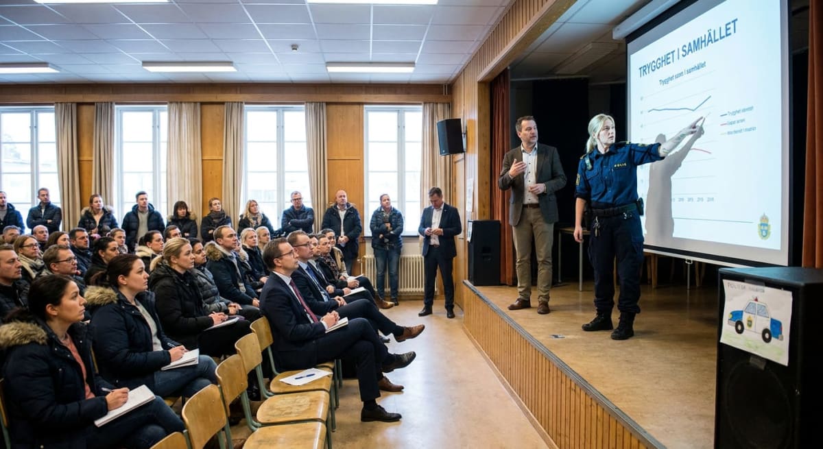 En kvinna i polisuniform pekar på en projektionsskärm med ett diagram märkt "TRYGGHET I SAMHÄLLET" medan en man i kostym står bredvid. Ett flertal personer sitter på stolar och lyssnar på presentationen. En högtalare med en teckning av en polisbil sy