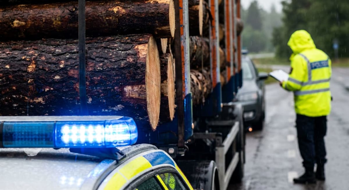 En polisbil med blåljus i förgrunden, delvis skymd. Bakom syns en timmerlastbil lastad med trästockar. En person i gul reflexjacka med texten "POLIS" på ryggen står vid sidan av vägen, intill en mörk bil, och granskar dokument i regnigt väder.