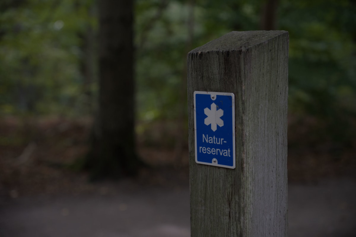 En trästolpe med en blå skylt som anger "Naturreservat" och ett asteriskformat symbol. Skylten är fäst med två skruvar. Bakgrunden är oskarp med träd och lövverk, samt mark med jord och fallna löv.