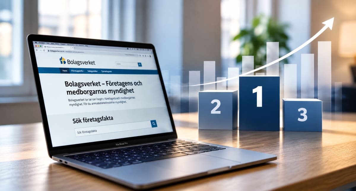 En laptop med Bolagsverkets webbplats öppen på skärmen visas på ett träbord. I bakgrunden syns en grafisk framställning med tre numrerade block (2, 1, 3) och staplar som symboliserar tillväxt, samt en uppåtgående pil. Filnamnet "Bolagsverket och väge