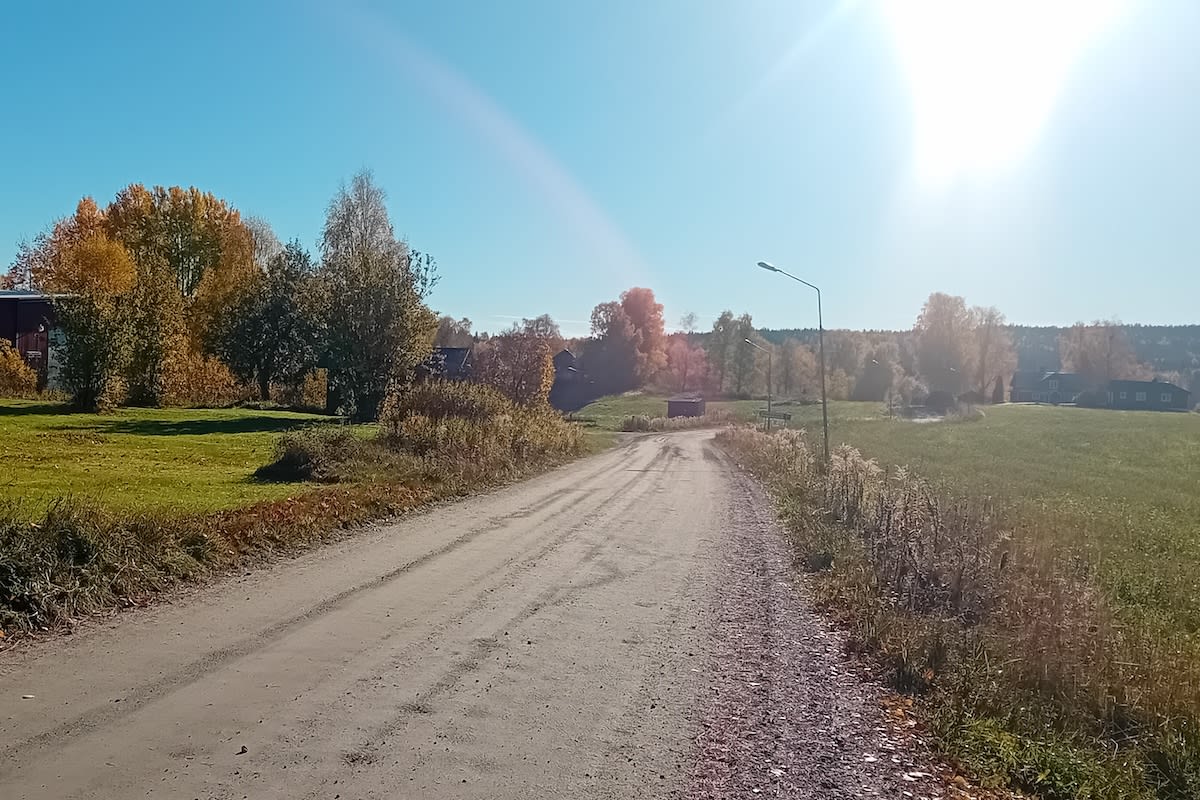 En grusväg på landsbygden i soligt höstväder, omgiven av gräsfält och träd med skiftande lövverk. I bakgrunden syns bebyggelse och en gatlykta står längs vägkanten.