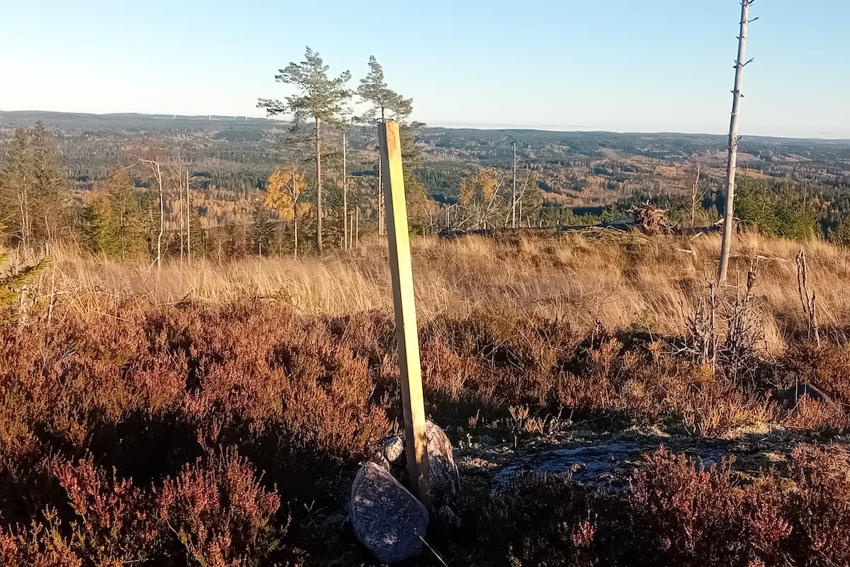 En trästolpe fäst med stenar står i ljung och gräs i förgrunden, med vidsträckt utsikt över ett skogs- och kuperat landskap under en klarblå himmel.