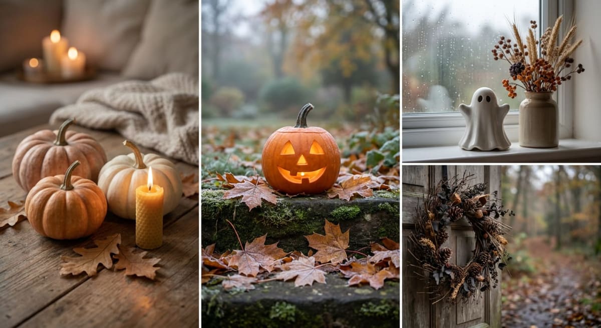Kollage med fyra bilder med höst- och halloweentema: pumpor och levande ljus på ett bord, en tänd pumpalykta på stentorn bland höstlöv, en spökfigur på en fönsterbräda och en dörrkrans av kottar och kvistar.