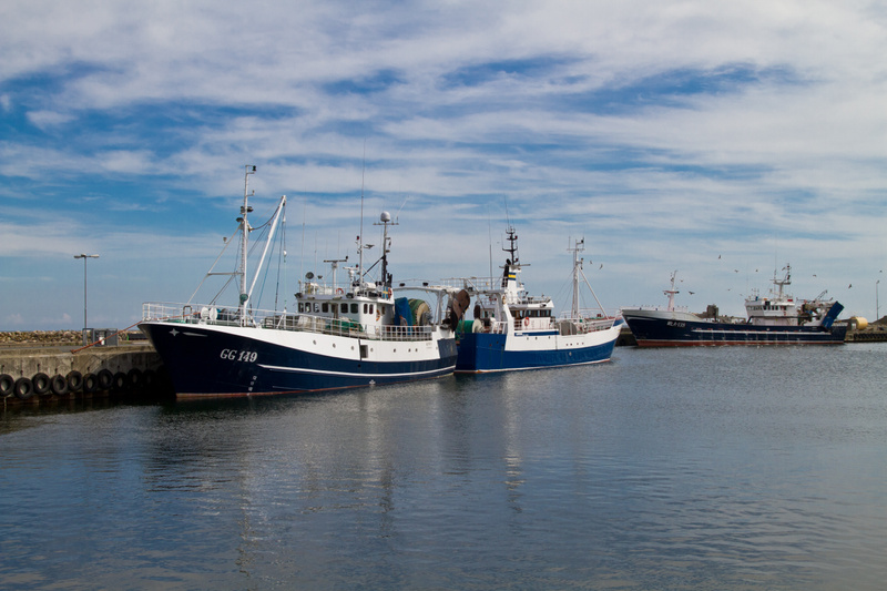 Bilden visar ett maritimt landskap med flera fiskebåtar förtöjda längs en kaj. I förgrunden till vänster syns en mörkblå och vit fiskebåt med beteckningen 'GG 149' tydligt på fören. Bakom denna båt, längs samma kaj, ligger ytterligare en liknande fis