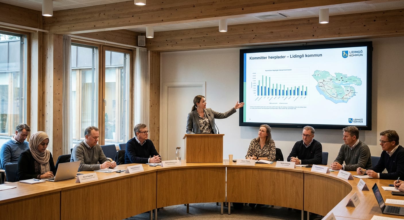 En bild från ett mötesrum där en grupp människor sitter runt ett U-format bord. I mitten står en kvinna vid en talarstol och pekar mot en stor skärm på väggen bakom henne. Skärmen visar en presentation med diagram och en karta. Runt bordet sitter åtta personer, varav sex män och två kvinnor. De flesta är klädda i tröjor eller skjortor. På bordet framför personerna finns namnskyltar, en vattenflaska, ett glas, en laptop och pappersblock. Rummet har stora fönster som vätter ut mot grönska och andra byggnader. Taket består av synliga träbalkar och infällda spotlights. Väggarna är ljusa och har träpaneler vid fönstren.