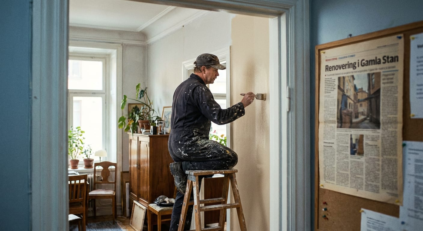 Bilden visar en man som målar en vägg inomhus. Han står på en trästege och bär en mörk overall som är fläckig med färg, samt en keps. Väggen han målar är ljust beige och rummet verkar delvis renoveras. I bakgrunden syns ett fönsterparti med krukväxter i fönsterkarmen och trämöbler som ett skåp och stolar. Till höger i bilden hänger ett anslag på en anslagstavla, där en tidningssida med rubriken ”Renovering i Gamla Stan” är fäst. Ljuset kommer in från fönstret och belyser interiören.