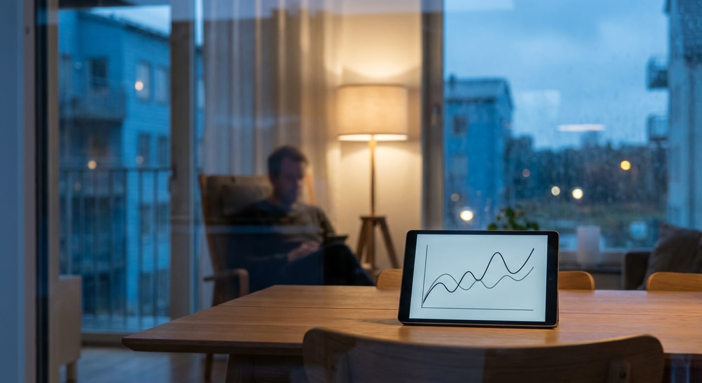 Bilden visar ett inomhusscenario med en person som sitter i bakgrunden, sedd genom ett fönster eller en glasruta. Personen sitter i en fåtölj och tycks titta på en mobil enhet. Bredvid personen syns en upplyst golvlampa. I förgrunden, på ett träbord, står en surfplatta som visar ett diagram med två vågformade linjer mot en vit bakgrund. Utanför fönstret syns byggnader med upplysta fönster i en mörkblå skymning eller gryning, vilket indikerar att det är kväll eller tidig morgon. Regndroppar är synliga på fönstret. Delar av trämöbler är synliga i förgrunden.