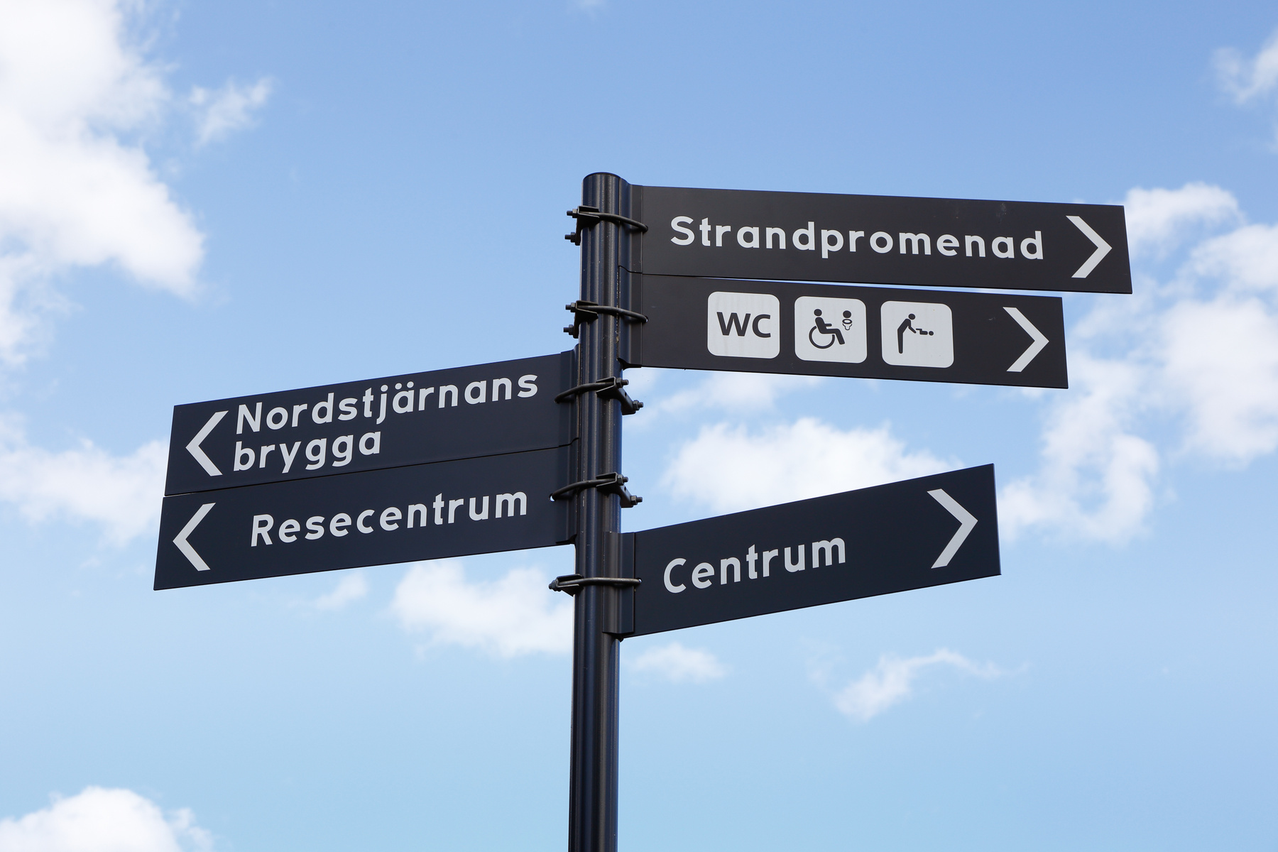 Bilden visar en svart vägvisare med flera informationsskyltar monterade på en stolpe, placerad under en ljusblå himmel med spridda vita moln. Skyltarna är svarta med vit text och vita pilar som indikerar olika riktningar. De synliga destinationerna ä