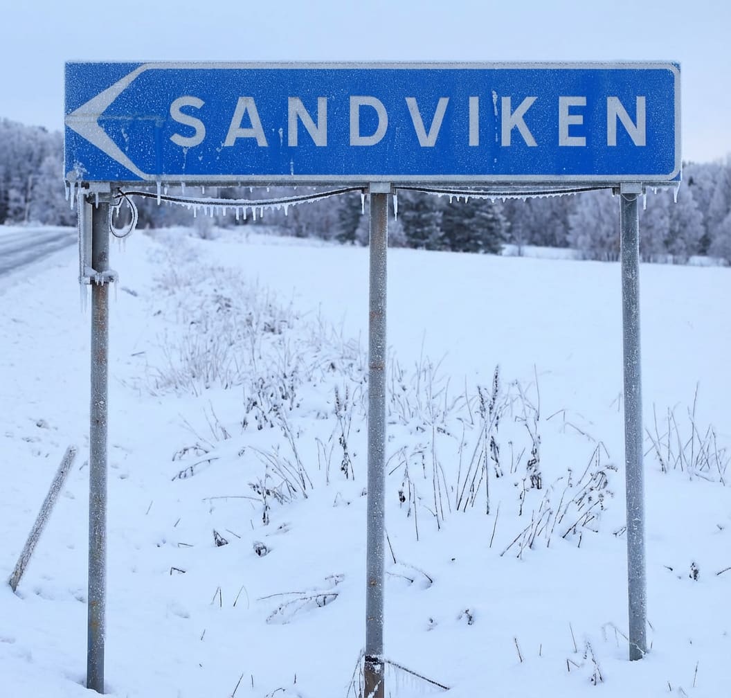 Bilden visar en blå destinationsskylt med texten "SANDVIKEN" i vitt, samt en vit pil som pekar åt vänster. Skylten är kantad av is och istappar hänger från den. Den är monterad på två metallstolpar som är täckta av froströk och is. Under skylten breder ett snötäckt fält ut sig där gräs och mindre växter sticker upp genom snön, även de täckta av frost. I bakgrunden syns en mörk väg till vänster, och till höger en rad med träd delvis täckta av snö och frost. Himlen är ljusgrå.