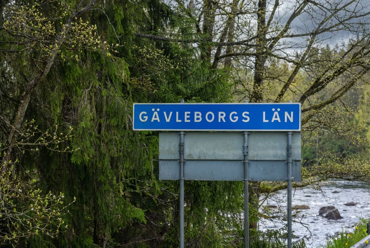 Bilden visar en blågrå skylt med vit text där det står "GÄVLEBORGS LÄN". Skylten är monterad på två ståndare som står upp från marken. I bakgrunden syns täta gröna barrträd till vänster och mer spridda lövträd med nya, ljusgröna bladknoppar till höger. Träden sträcker sig upp mot en gråmulen himmel. Bildens nedre högra del visar en forsande flod med mörkt vatten och några stenar som sticker upp ur vattnet.