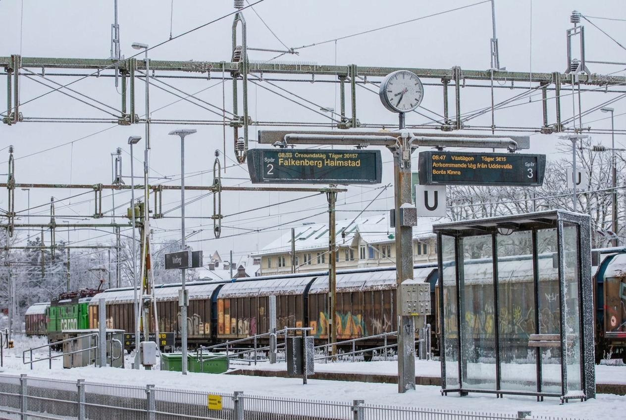 Bilden visar ett snötäckt järnvägsområde med spår, perronger och en tågvagn. Mark och tak är täckta av snö, och frost syns på ledningar och ett busskur-liknande väderskydd. Ovanför spåren hänger ett omfattande nätverk av kontaktledningar och stolpar, delvis täckta av snö och frost. Flera skyltar är synliga, inklusive tåginformationstavlor som visar avgångar till Falkenberg och Halmstad från spår 2, samt information om Västtåget och ankommande tåg från Uddevalla till Borås/Kinna från spår 3. Ett godståg med flera vagnar står på ett av spåren, och delar av vagnarna ser ut att vara täckta av graffiti. En klocka är monterad på en stolpe intill tåginformationstavlorna.